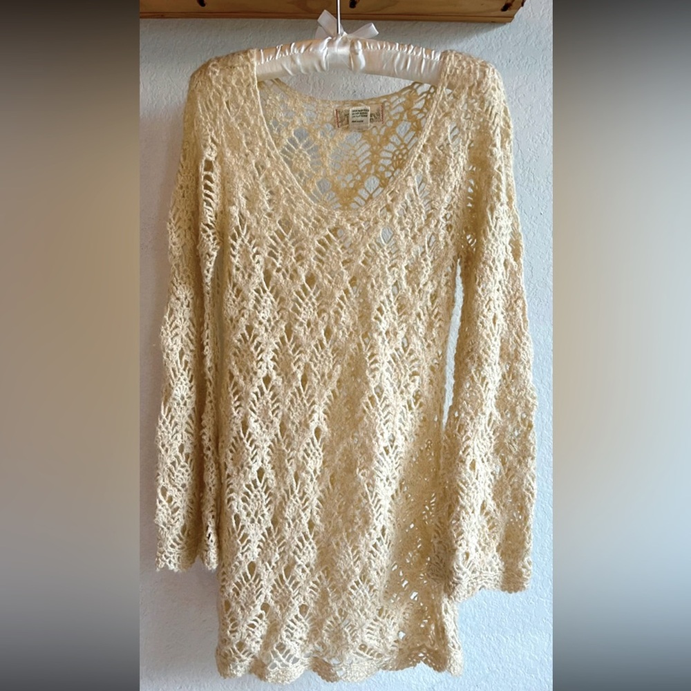 Flying Tomato Cream Boho Crochet Mini Dress with bell sleeves, Size Small